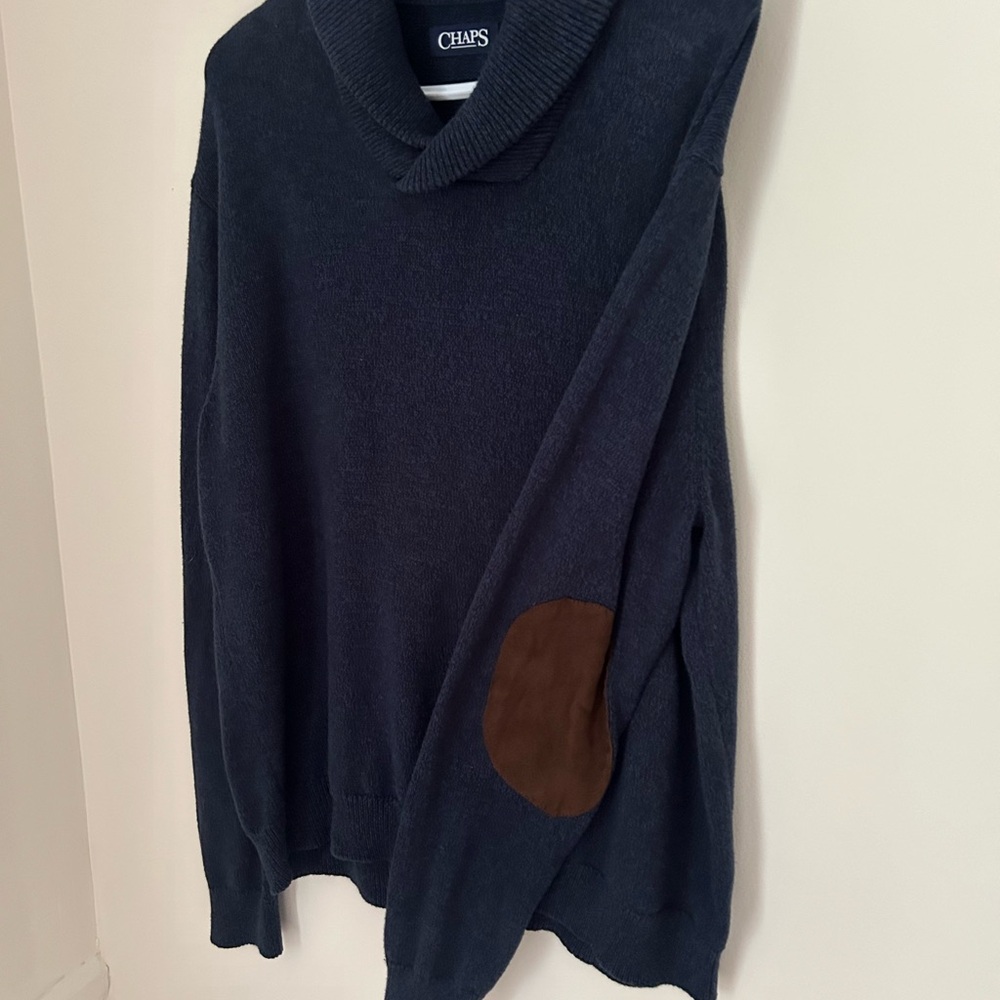 Chaps Navy‎ Blue 100% size large Sweater With Brown Elbow Pads - Picture 2 of 6